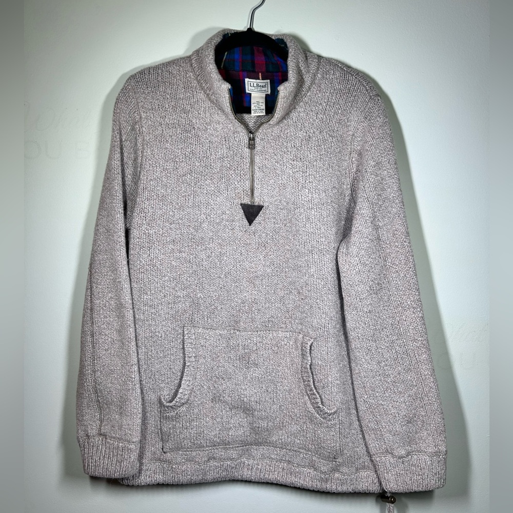 LL Bean Lambs Wool Sweater Beige Classic Ragg 1/4 Quarter Zip Knit Size L
